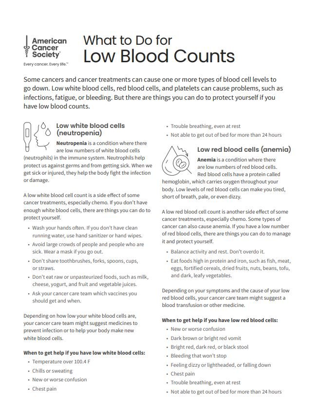 What to Do for Low Blood Counts Tearsheet x 50 - English (2147.00) - American Cancer Society