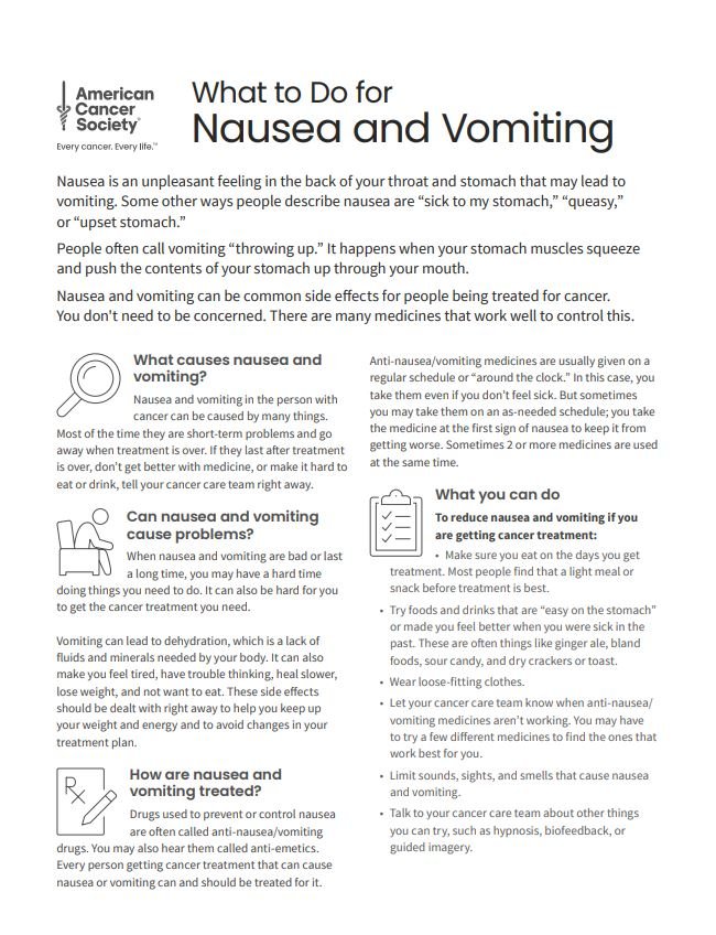 What to Do for Nausea and Vomiting Tearsheet x 50 - English (2136.00) - American Cancer Society